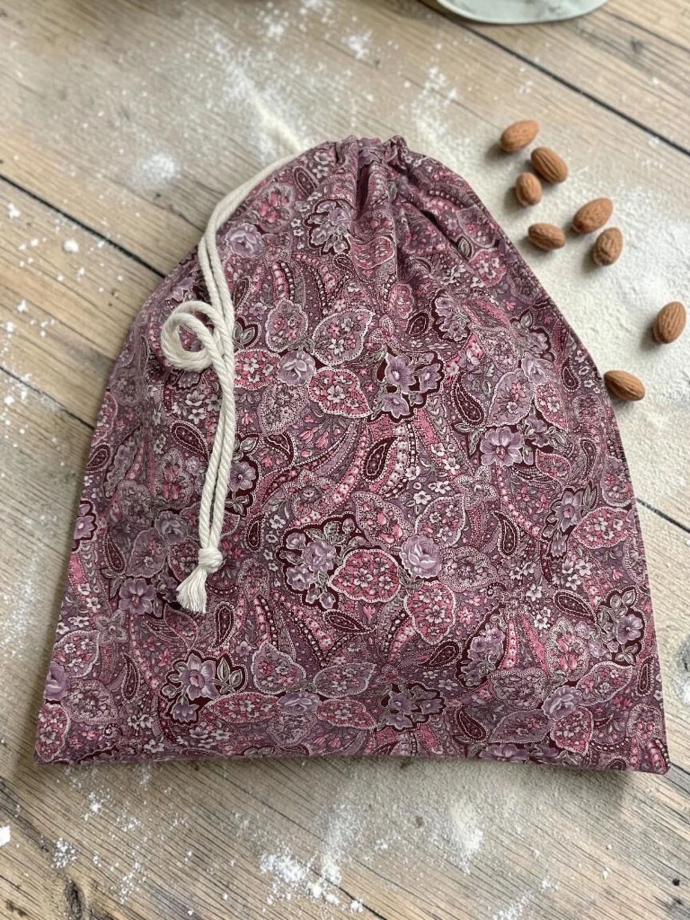 Mauve Paisley Cotton Bread Bag, Reusable Drawstring Bread Storage Bag